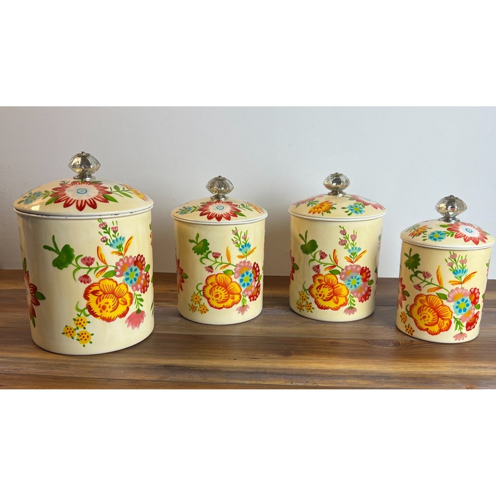 Vintage Pier 1 Floral Enamel Canister Set of 4 Style 410/4101 Cream Kitchen